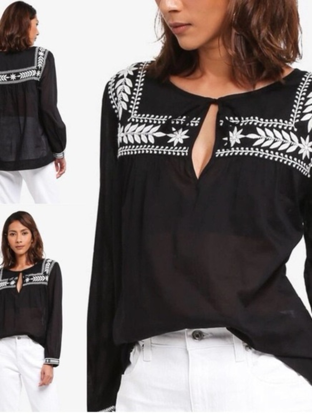 J.Crew cotton embroidered black top size L long sleeves